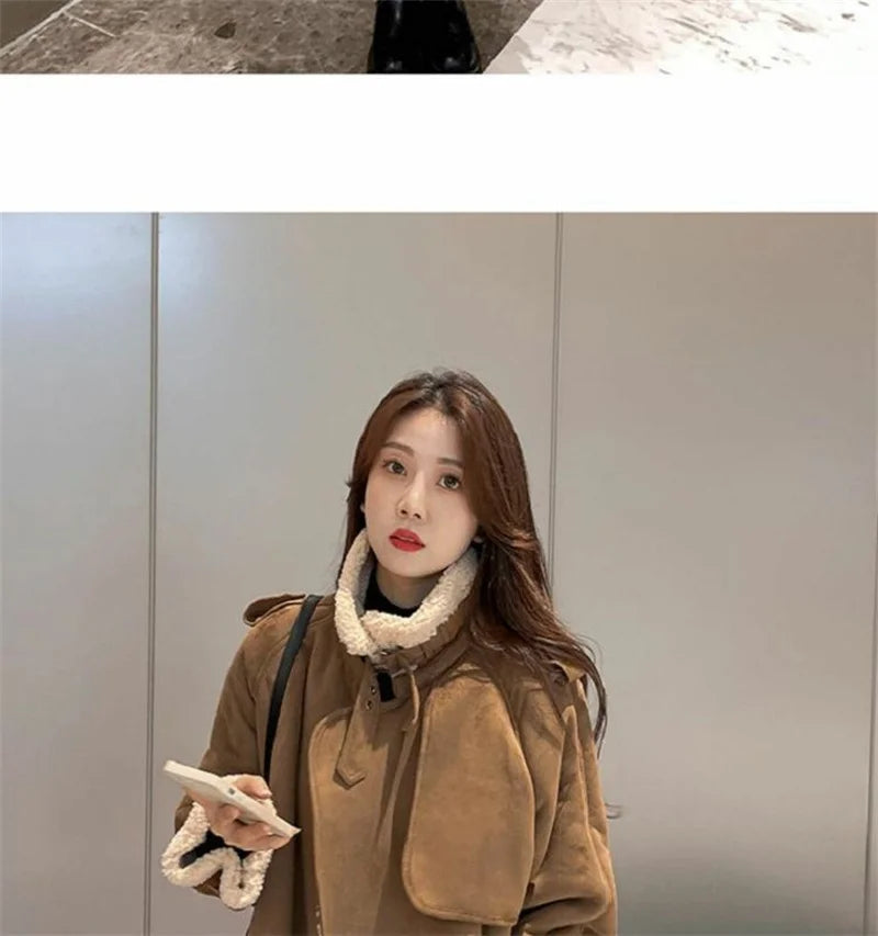 2024 Autumn Winter New Medium Long Double-breasted Lambswool Suede Woolen Coat Women Add Velvet Padded Warm Fur One Woolen Coats RT220