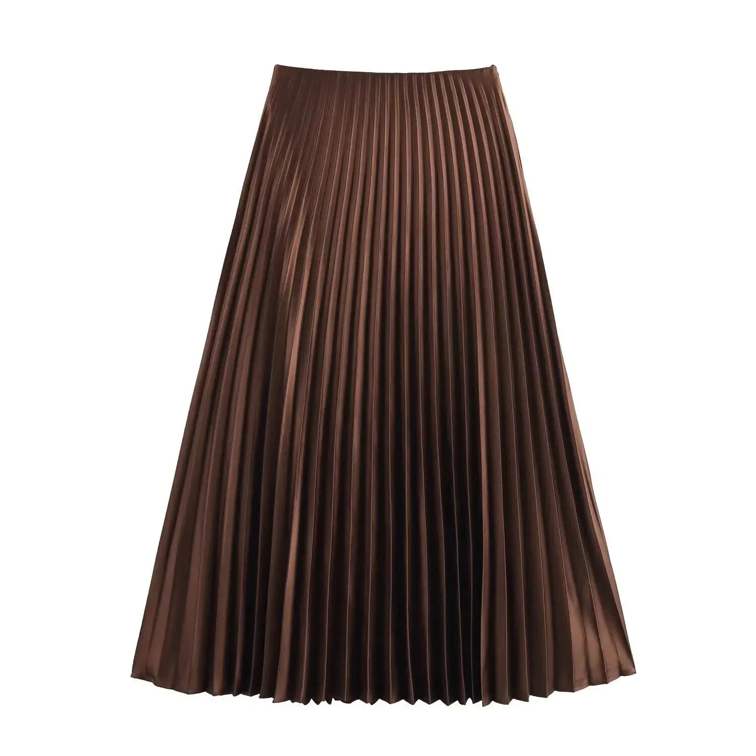 European And American Style 2025 Spring New Women's Retro Slim Temperament Satin Texture Midi Pleated Skirt RT220