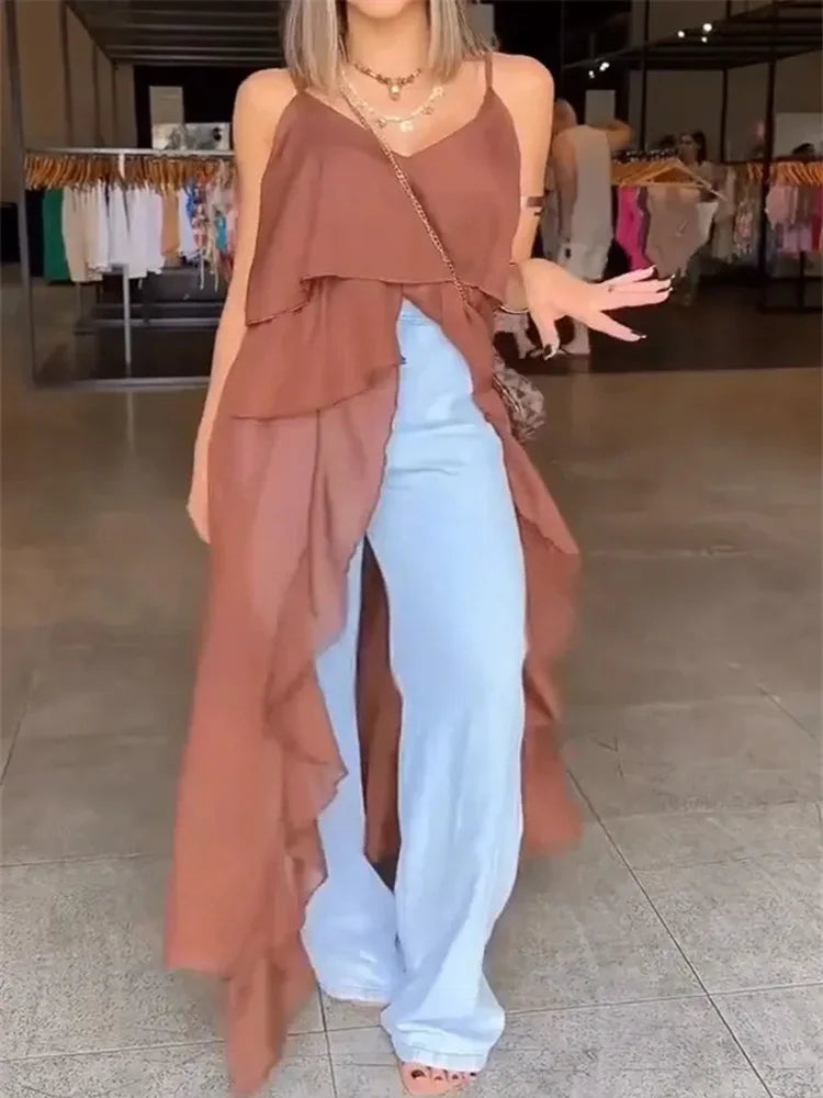 Women Ruffles Long Shirts Dress Summer Elegant Solid Sleeveless Blouse Ladies Casual 2025 Beach V Neck Backless Top Femme Blusas RT220