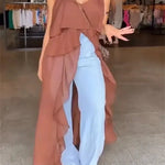 Women Ruffles Long Shirts Dress Summer Elegant Solid Sleeveless Blouse Ladies Casual 2025 Beach V Neck Backless Top Femme Blusas RT220