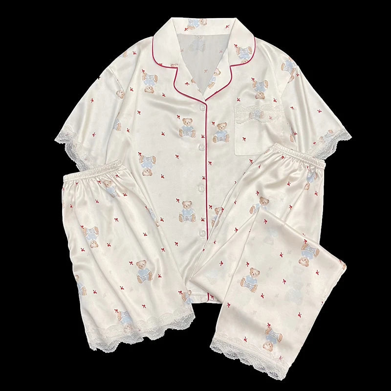 Honey Peach Print Lace Korean Ins Style Pajamas Women Y2k Three-piece Set Classy Sweet Cute Lady Lounge 2024 New Spring Homewear RT220