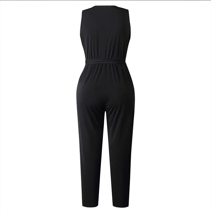 Fashion Lace Women Jumpsuit With Belt Sleeveless Casual V-neck Solid Women Black Jumpsuits Fashion Female Pants Suit Pants RT220