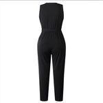 Fashion Lace Women Jumpsuit With Belt Sleeveless Casual V-neck Solid Women Black Jumpsuits Fashion Female Pants Suit Pants RT220