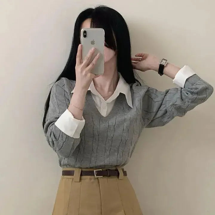 Korean Chic Spring and Autumn Age-Reducing Sweaters Retro Temperament Preppy Fake Two Pieces Shirts Twist Knit Women's Y2k Tops RT220