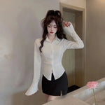 Sexy Slim Bandage Shirts Women Y2K Fashion Lapel Bell Sleeve White Blouses Female Korean Streetwear Spring Buttons Tops New RT220