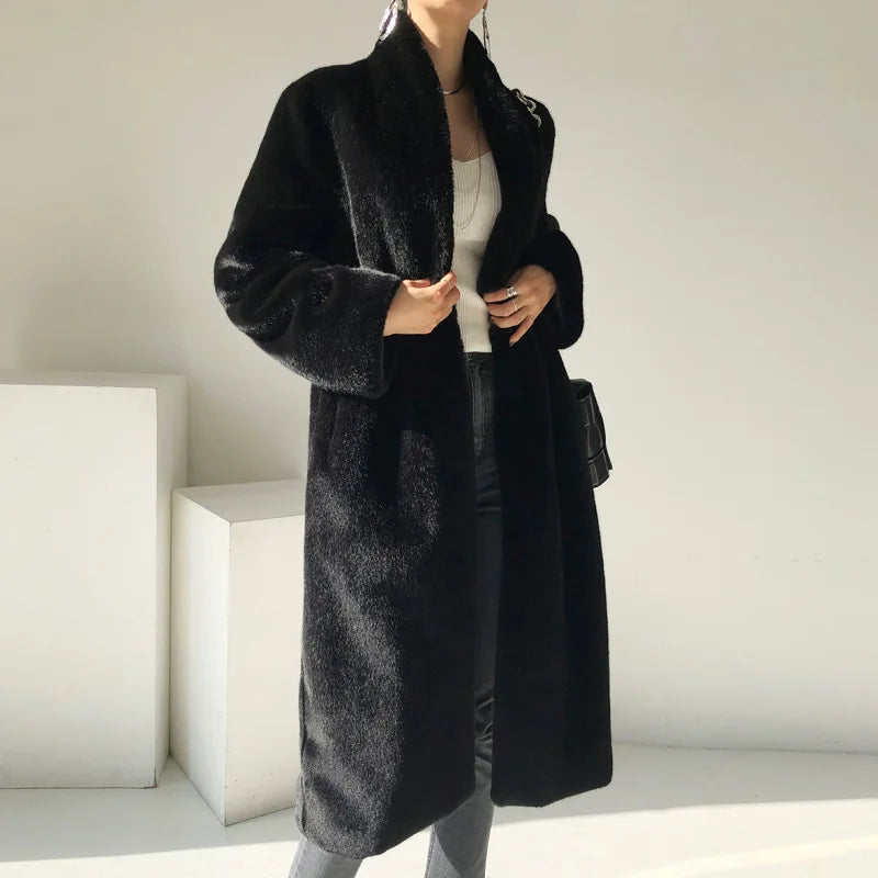 Coats Women Faux Fur Stand Collar Mid Length Long Coat Thick Maxi Warm Thick Open Stitch Elegant Autumn Winter Black Jackets RT220