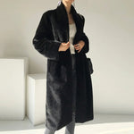 Coats Women Faux Fur Stand Collar Mid Length Long Coat Thick Maxi Warm Thick Open Stitch Elegant Autumn Winter Black Jackets RT220