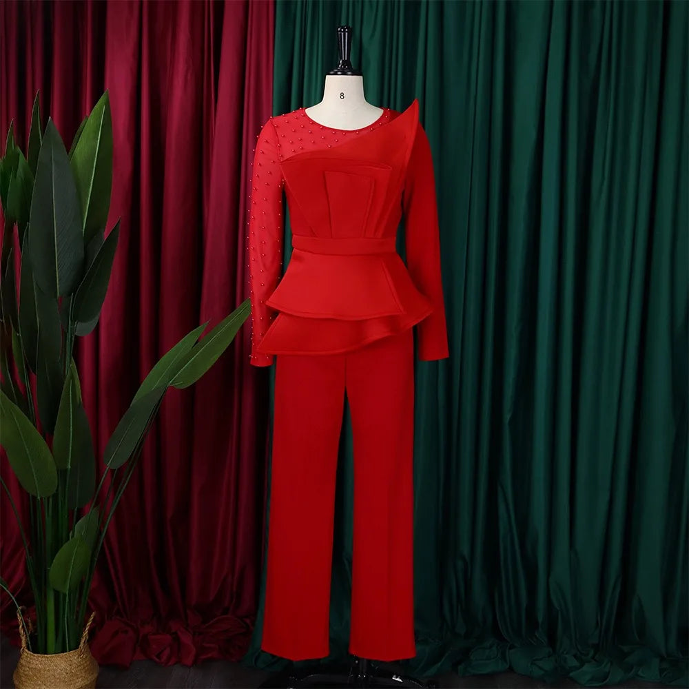 Luxury Jumpsuits & Rompers for Women Round Neck Beaded Transparent Sleeve High Waisted Elegant Female Birthday Party Overalls RT220