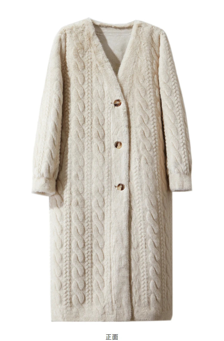 Women Fur Cardigan Thickened Long2025Spring And Autumn V-neck Jacket Female Loose Simple Leisure With Buttons Faux Fur Mink Coat RT220