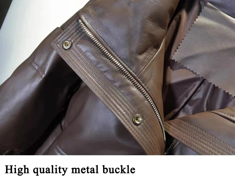Women Leather Down Jacket Winter 2025 High End Genuine Sheepskin Down Coat Outdoor Thicked Warm Short Puffer Jacket Streetwear RT220
