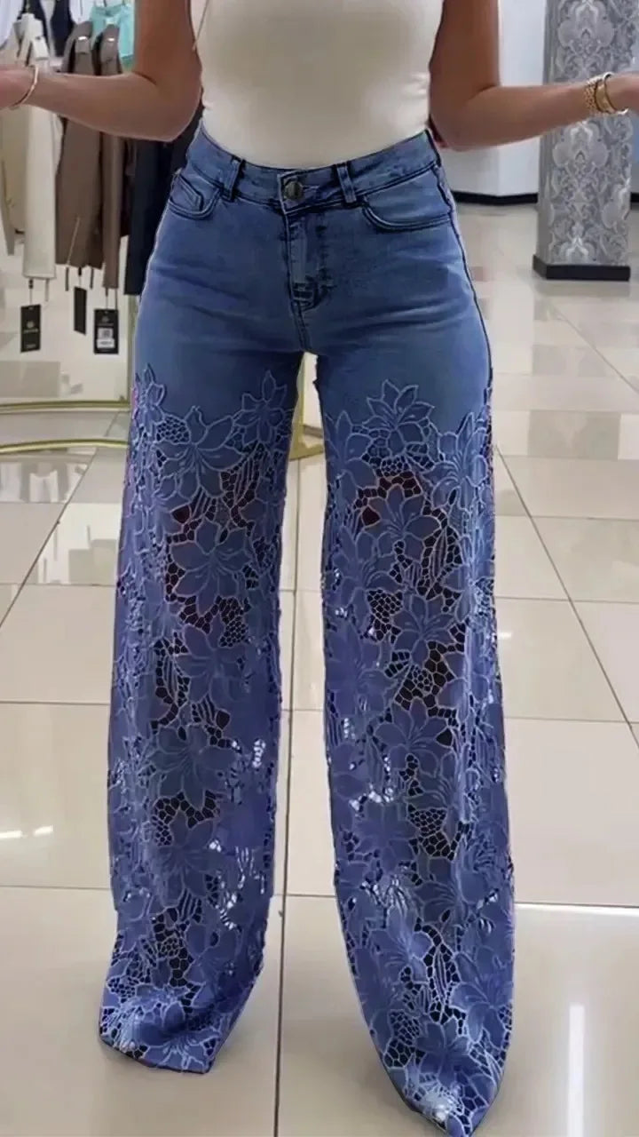 Women's Spring Summer Fashion Hollow Out Lace Splicing Denim Drape Pants Full Length Trousers RT220
