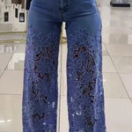 Women's Spring Summer Fashion Hollow Out Lace Splicing Denim Drape Pants Full Length Trousers RT220