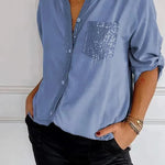Casual Loose Sequins Patchwork Shirt Blouse Women Fashion Button Long Sleeve Shirts For Women Spring Autumn Pocket Tops Femme RT220