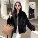 2024 Women Solid Color Stand Collar Mink Fur Top Female Long Sleeves Fox Fur Jacket Spring Autumn Lady Short Leather Fur Outwear RT220