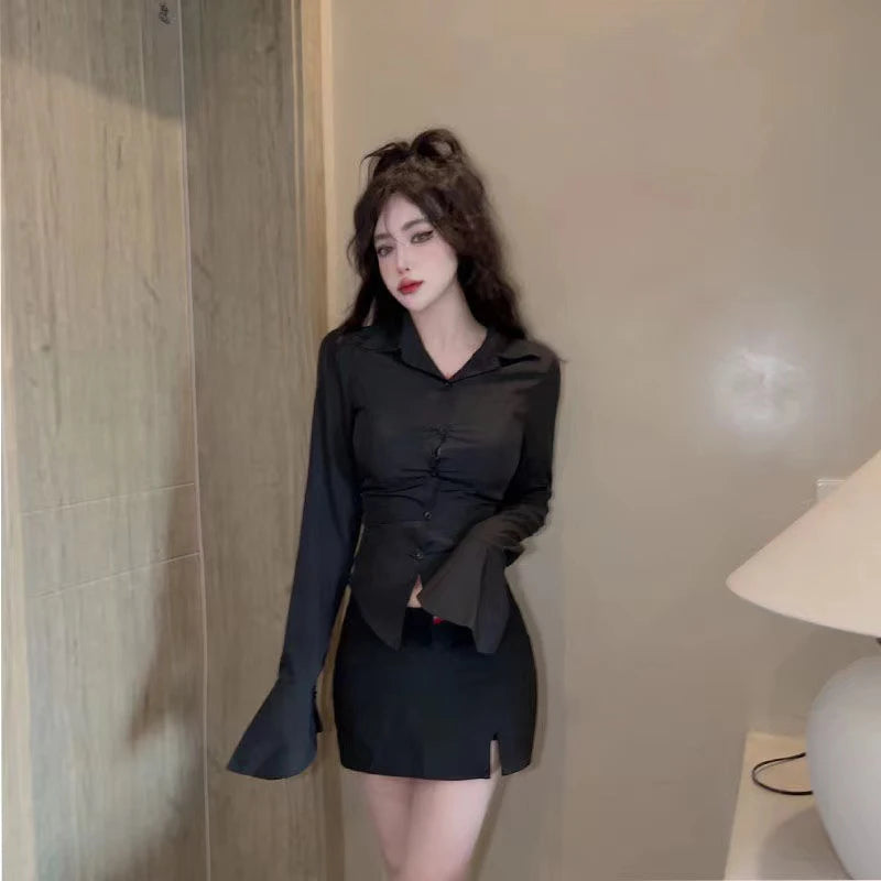 Sexy Slim Bandage Shirts Women Y2K Fashion Lapel Bell Sleeve White Blouses Female Korean Streetwear Spring Buttons Tops New RT220