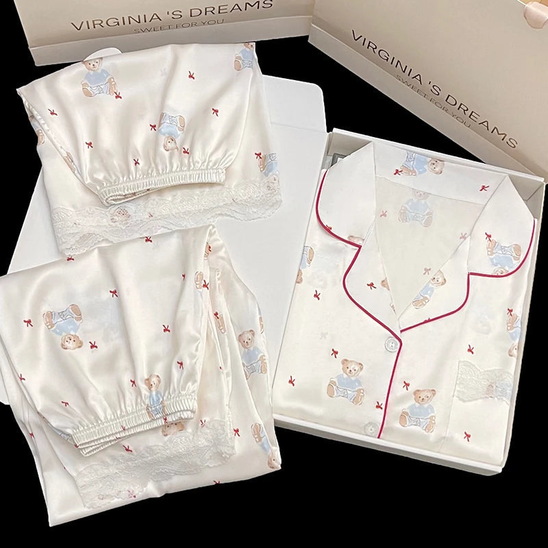 Honey Peach Print Lace Korean Ins Style Pajamas Women Y2k Three-piece Set Classy Sweet Cute Lady Lounge 2024 New Spring Homewear RT220