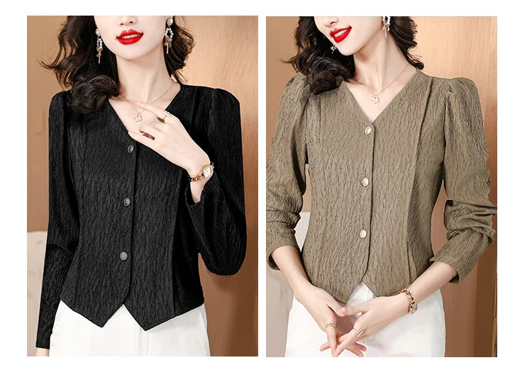 Fashion V-Neck Womens Shirts And Blouse 2025 Spring Autumn Simplicity Streetwear Tops Women Elegant Slim Casual Clothing Femme RT220