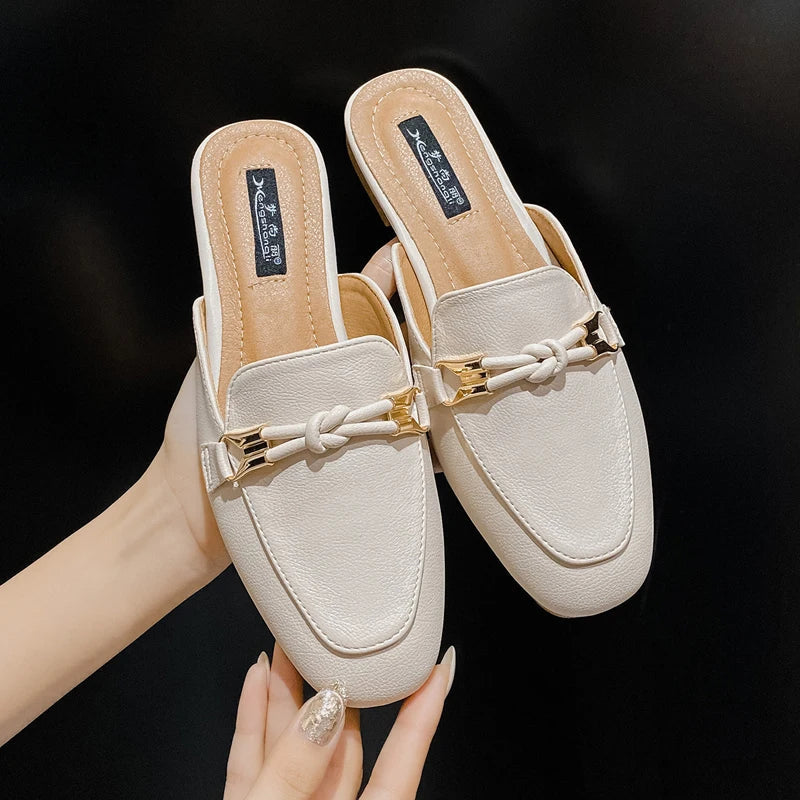 New Summer Fashion Metal Buckle Woman Shoes Half-drag Muller Shoes Women Wear Flat Slippers And Leather Toe-covered Sandals RT220