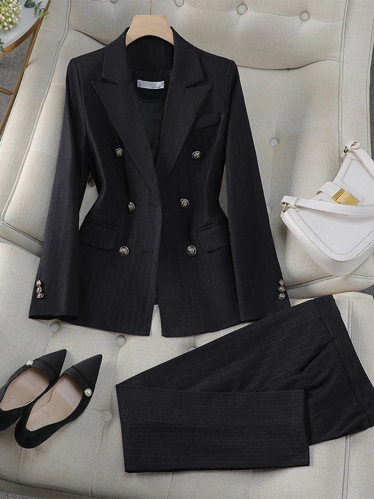 Women Pant Suit Office Ladies Female Business Work Wear 2 Piece Set Black Blue Striped Formal Blazer Jacket And Trouser RT220