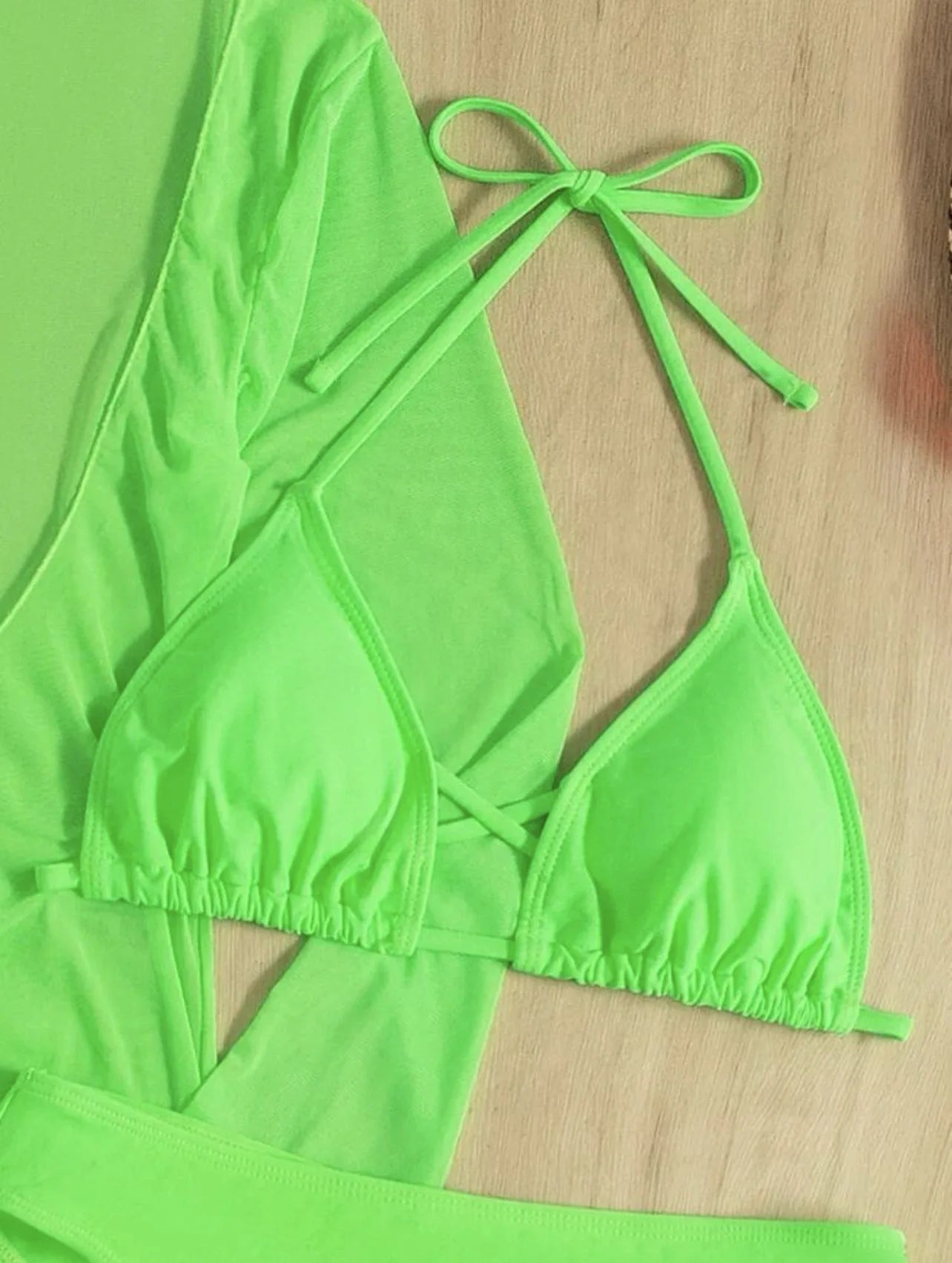 Long Sleeves Dress Bikini Set 2025 Women Neon Green Lace Up 3 Pieces Swimsuit Brazilian Bathing Suit Pleate Cover Up Swimwear RT220