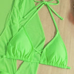 Long Sleeves Dress Bikini Set 2025 Women Neon Green Lace Up 3 Pieces Swimsuit Brazilian Bathing Suit Pleate Cover Up Swimwear RT220