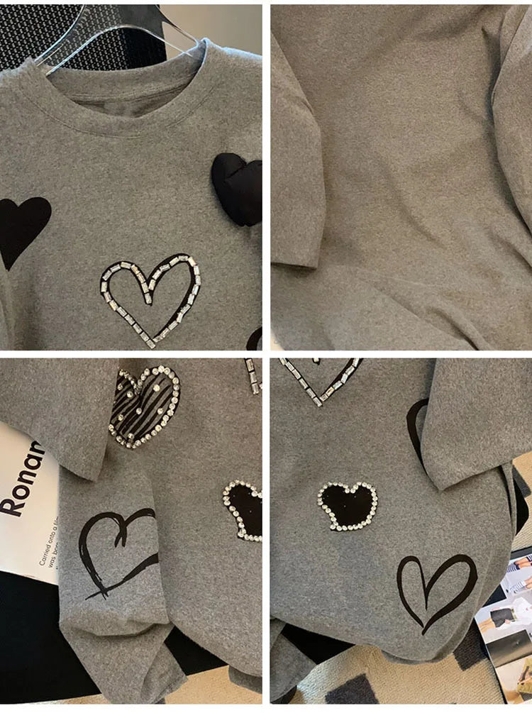 Women Three dimensional Love Ironing Short-sleeved T-shirt 2023 Summer New Casual Fashion Loose Grey Pullover Female RT220