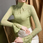 Women Paisley Flower Lace Shirt S-2XL Stretch Turtleneck Bell Sleeve Blouse Tops Pink Blue Coffee Green Fashion Ladies Blouses RT220