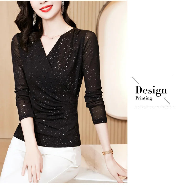 New Spring Women's T-Shirt Cross V-Neck Solid Color Bright Powder Slim Long-Sleeved Mesh Tops Elastic Bottoming Shirt RT220