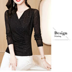 New Spring Women's T-Shirt Cross V-Neck Solid Color Bright Powder Slim Long-Sleeved Mesh Tops Elastic Bottoming Shirt RT220