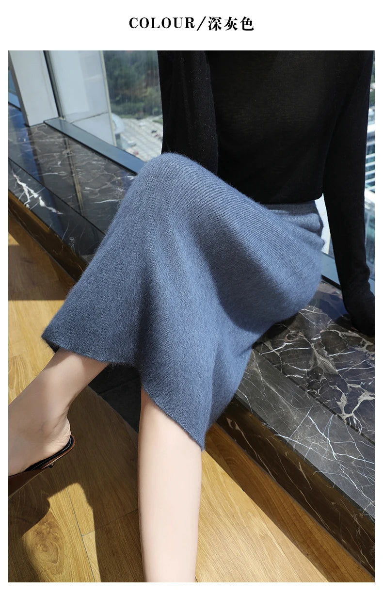 Mink Cashmere Midi Skirt For Women In Autumn And Winter, Mid Length, High Waist, Slimming, Knitted Versatile, Hip Hugging Skirts RT220
