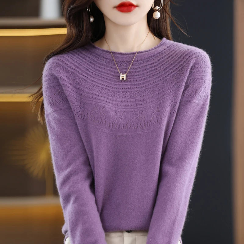 100% Merino Wool Knitted Sweater Autumn/Winter 2024 New Women's Round Neck Hollow Top 11 Color Pullover Versatile Coat NJR1107 RT220