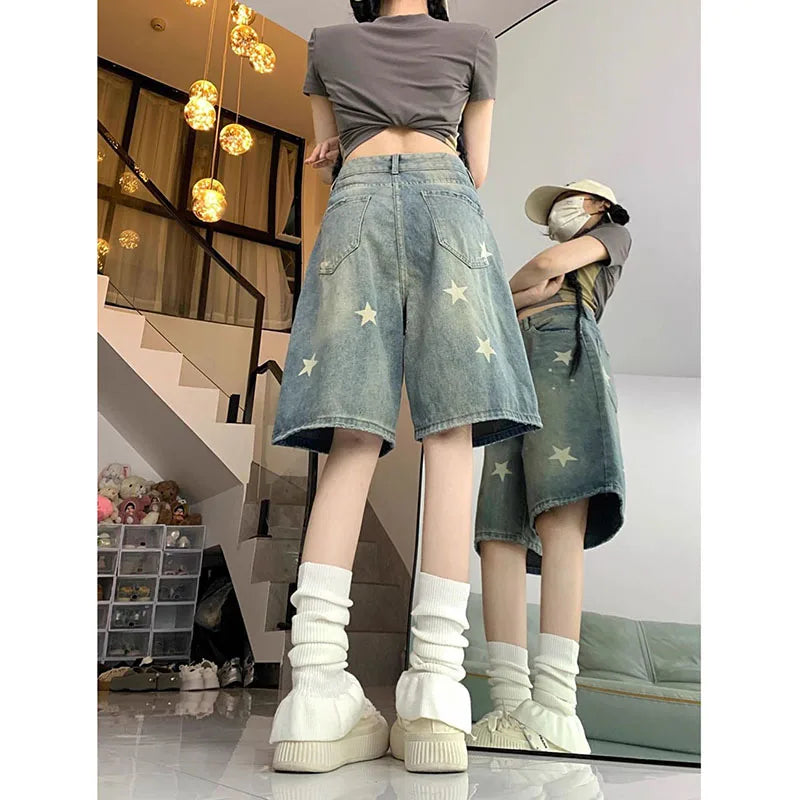 American Style Vintage Women's Short Jeans High Waisted Washed Wide Leg Denim Pants Woman Fashion Do Old Star Knee Length Shorts RT220