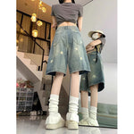 American Style Vintage Women's Short Jeans High Waisted Washed Wide Leg Denim Pants Woman Fashion Do Old Star Knee Length Shorts RT220
