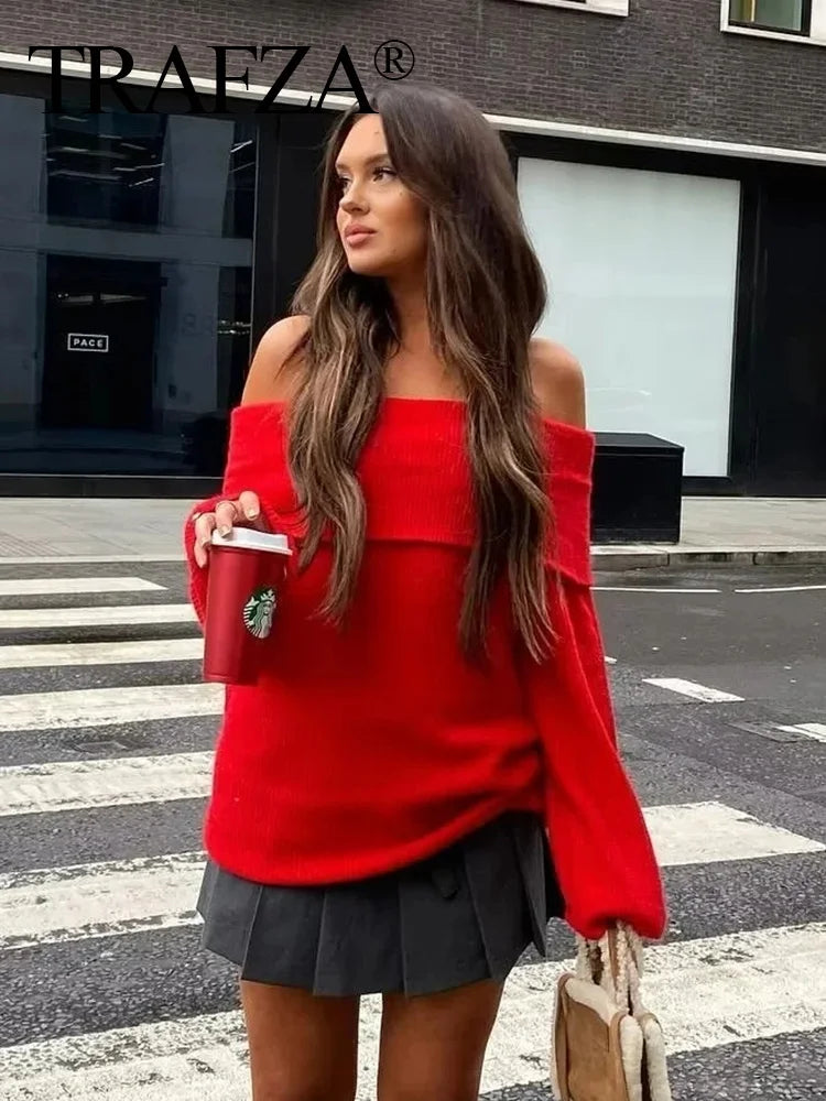 TRAFZA Women's Fashion Solid Off Shoulder Sweaters Casual Long Sleeve Folding Slim Fit Pullover Autumn Female Sexy Knitted Tops RT220