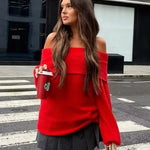 TRAFZA Women's Fashion Solid Off Shoulder Sweaters Casual Long Sleeve Folding Slim Fit Pullover Autumn Female Sexy Knitted Tops RT220
