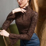 Women Paisley Flower Lace Shirt S-2XL Stretch Turtleneck Bell Sleeve Blouse Tops Pink Blue Coffee Green Fashion Ladies Blouses RT220