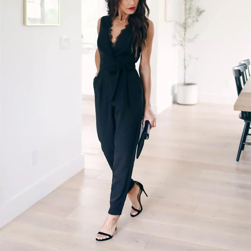 Fashion Lace Women Jumpsuit With Belt Sleeveless Casual V-neck Solid Women Black Jumpsuits Fashion Female Pants Suit Pants RT220