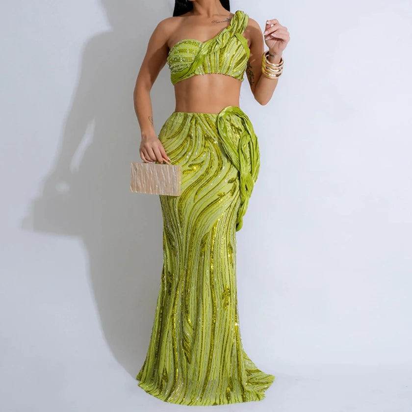 Sexy One-shoulder Long Summer Dress Sequin Birthday Holiday Elegant Party Evening Dresses Luxury Womens Prom Dresses XSY29 RT220