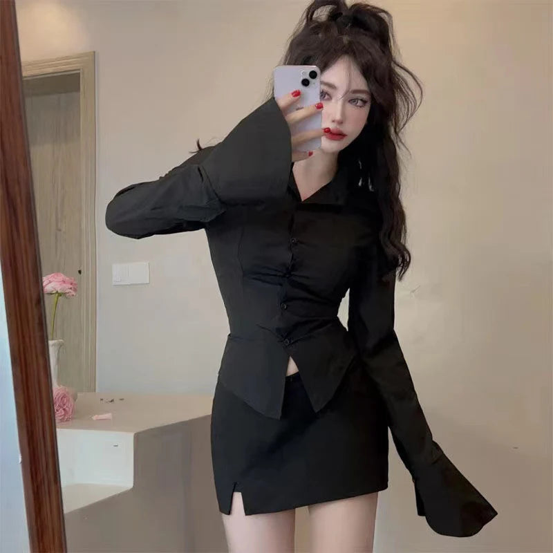 Sexy Slim Bandage Shirts Women Y2K Fashion Lapel Bell Sleeve White Blouses Female Korean Streetwear Spring Buttons Tops New RT220