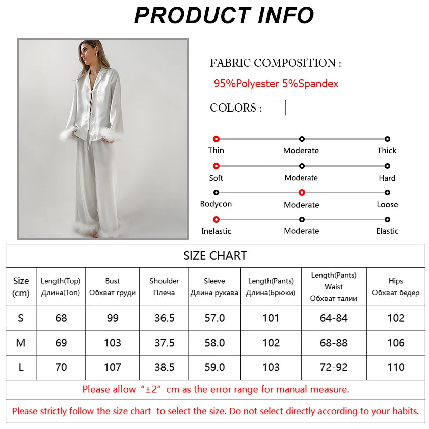 HiLoc Elegant Silk White Pajamas Sets Women Feather Cuffs Blouses With Wide Legs Pants Sleepwear Female 2025 Spring Autumn Suits RT220
