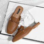 New Summer Fashion Metal Buckle Woman Shoes Half-drag Muller Shoes Women Wear Flat Slippers And Leather Toe-covered Sandals RT220
