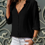 Ladies' Elegant Solid Chiffon Top Summer Casual Long Sleeve V-neck Loose Shirt Office Women's Solid Color Collar Fashion Top RT220