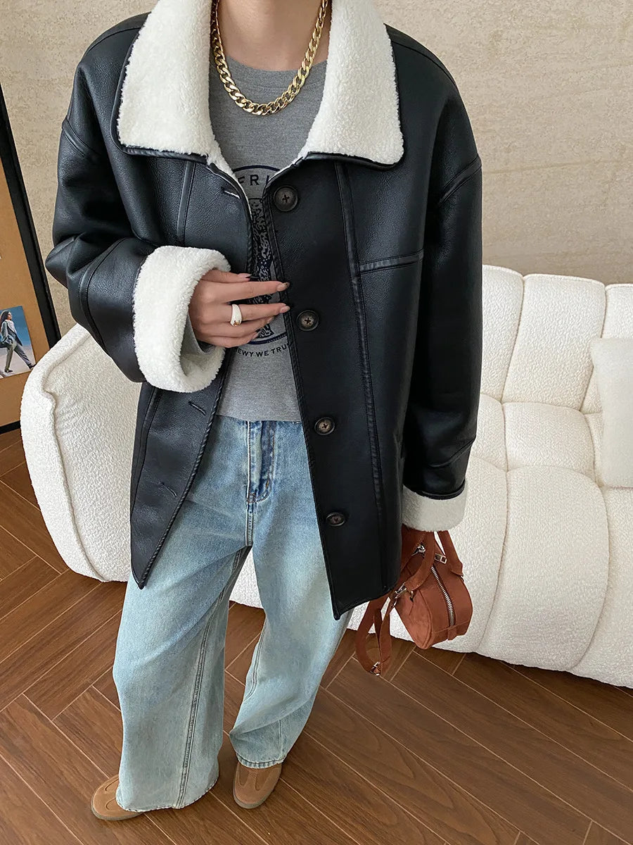 [LANMREM] Faux Fur Thick Warm Coats Lapel Single Breasted Office Lady Elegant Female Outwear Fashion 2025 Winter New 26C1095 RT220