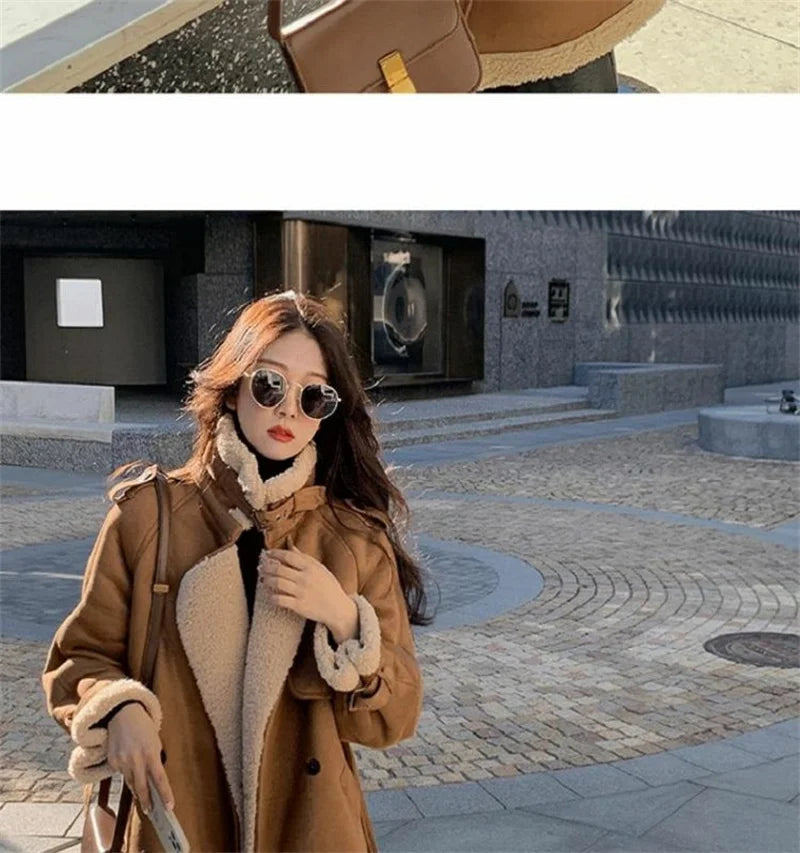 2024 Autumn Winter New Medium Long Double-breasted Lambswool Suede Woolen Coat Women Add Velvet Padded Warm Fur One Woolen Coats RT220