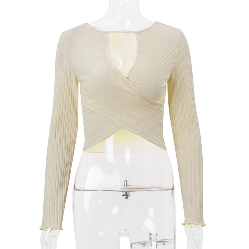 Xeemilo Autumn Solid Underwear Top Elegant Hollow Out Knit Long Sleeve Undershirt 2023 Women Round Collar Slim Warmming Clothes RT220