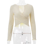 Xeemilo Autumn Solid Underwear Top Elegant Hollow Out Knit Long Sleeve Undershirt 2023 Women Round Collar Slim Warmming Clothes RT220