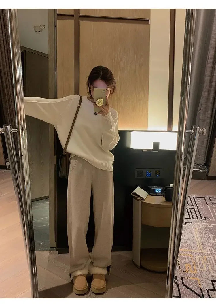 Women Pants Autumn Winter Thickening High Waisted Wool Wide Leg Pants Women Fashion Chevron Lengthening Leg Opening Floor Length RT220