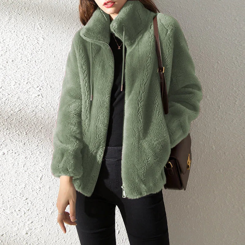 Women Autumn Winter Faux Fur Coats Zipper Cardigan Plush Thick Warm Coat Loose Oversized Outerwear Female Coral Fleece Overcoat RT220