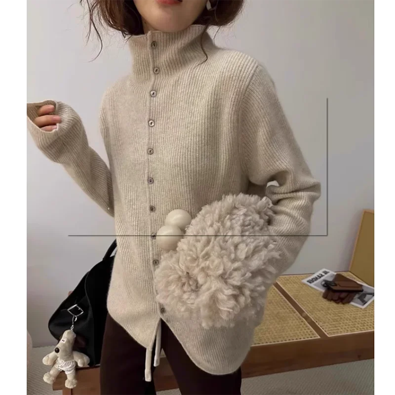 Soft Waxy Cashmere Knit Cardigan European Style Single-Breasted Sweater Long Sleeve Autumn Winter Fashionable Outerwear RT220