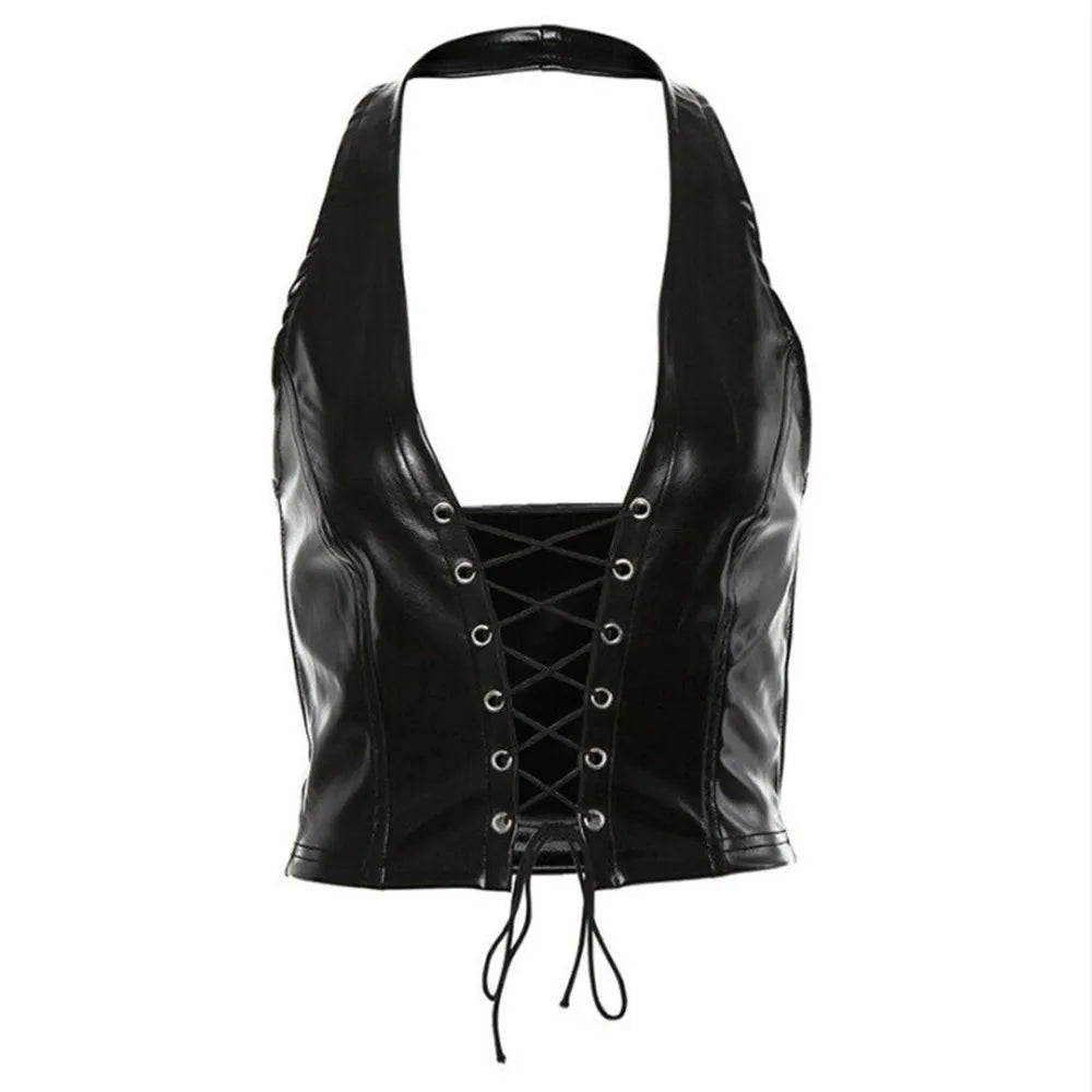 Women Y2k Sexy Gothic Patent Leather Backless Lace Up Crop Top Wet Look Corset Bra Vest Clubwear Club Party Female Tank Tops RT220